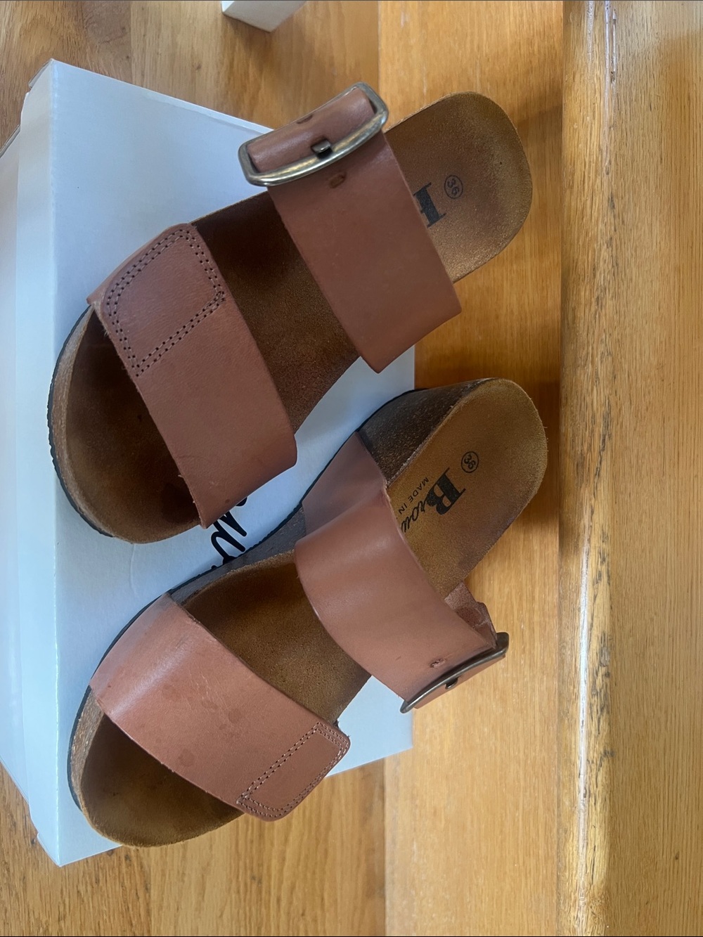 Brown Double-Band Slide Sandals with Buckle Accent